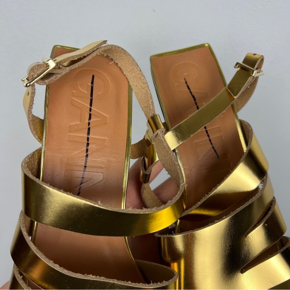 Ganni 2022 Square Toe Gold Strappy Kitten Heel Sandals - Picture 7 of 9